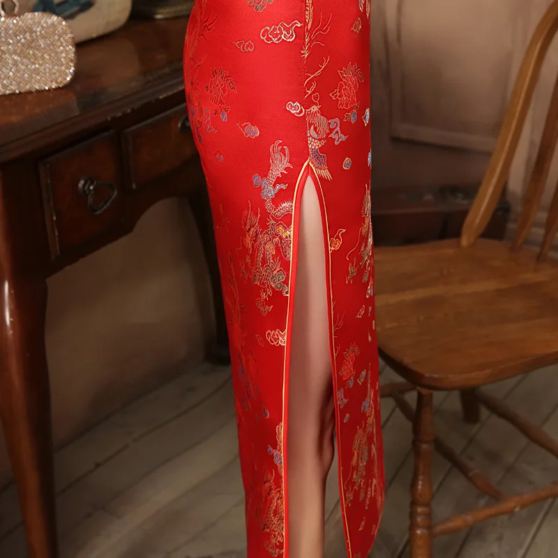 

Sexy Women Faux Silk Long Sleeve Cheongsam Red Chinese Bride Wedding Party Qipao Dress Dragon Phoenix Vestidos S M L XL XXL