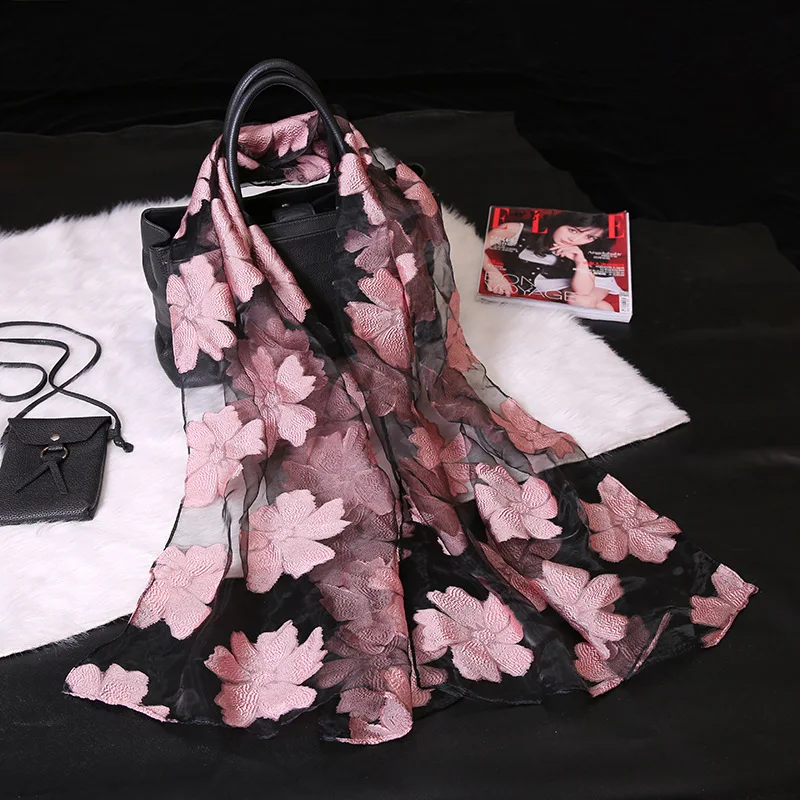 S9077pink Модный Элегантный женский длинный шарф из органзы с цветами, мягкая шелковая марлевая шаль, подарок для леди S9077 - Цвет: S9077pink
