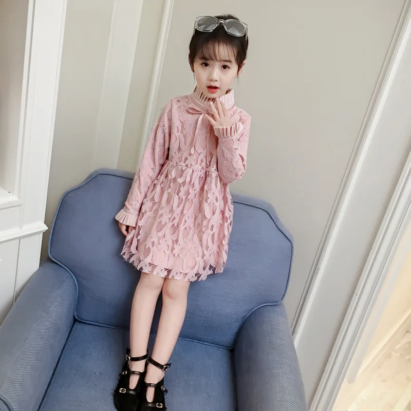 Кружевное однотонное платье для девочек весна-осень 2018 г. Корейская принцесса |