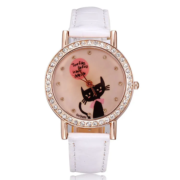 Watches women luxury brand rose gold pu leather strap watches crystal rhinestones cute cat fashion casual designer dropship | Наручные