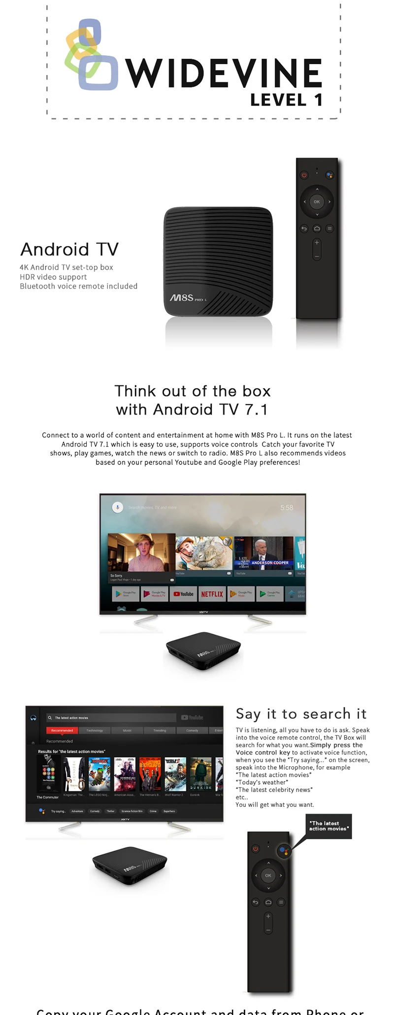 Mecool M8S PRO L Голосовое управление 4K Smart tv Box 3g 32G Android 7,1 Amlogic S912 2,4G/5 GHz Wifi BT4.1+ HS телеприставка медиаплеер