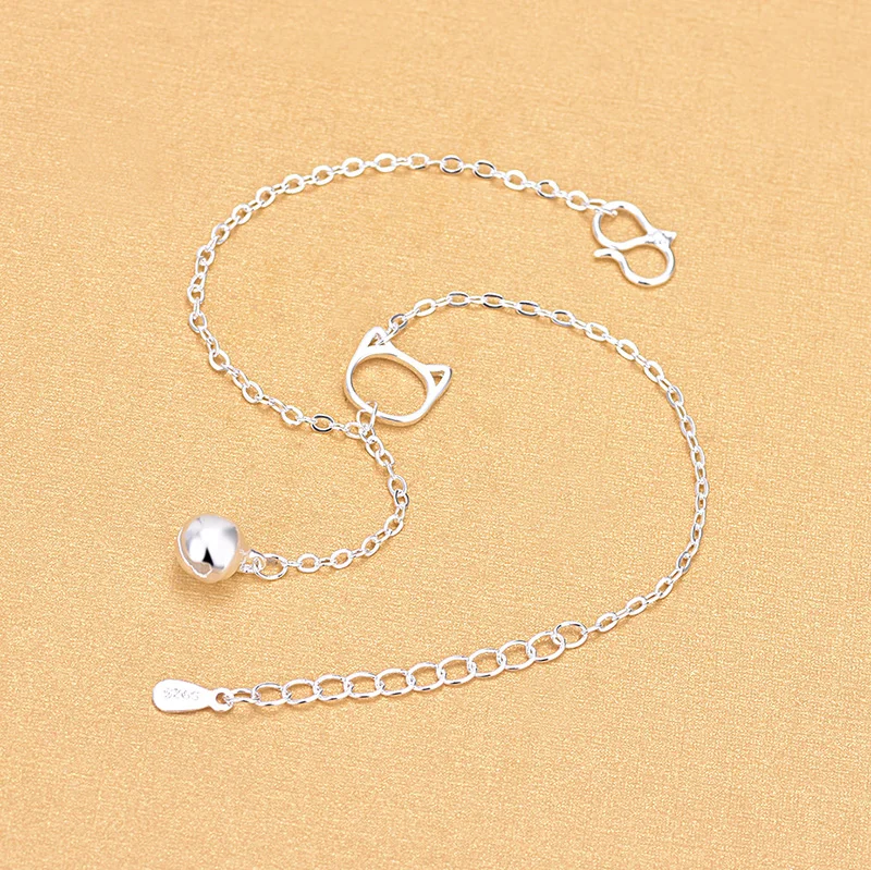 

Free Shipping Top Quality Wholesale Real 925 Sterling Silver Link Chain Bracelets With Cat Bell Charm Bracelets Fine Jewelry