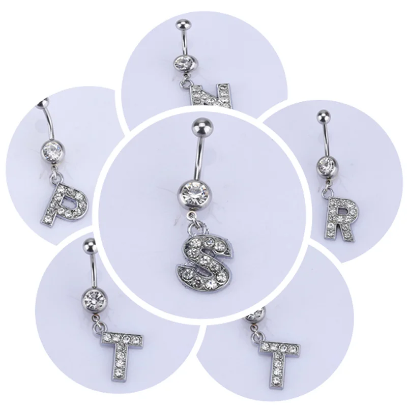 

26 english letter N to Z style Charming Body Piercing Crystal Rhinestone Inlaid Navel Belly Button Ring stainless steel jewelry