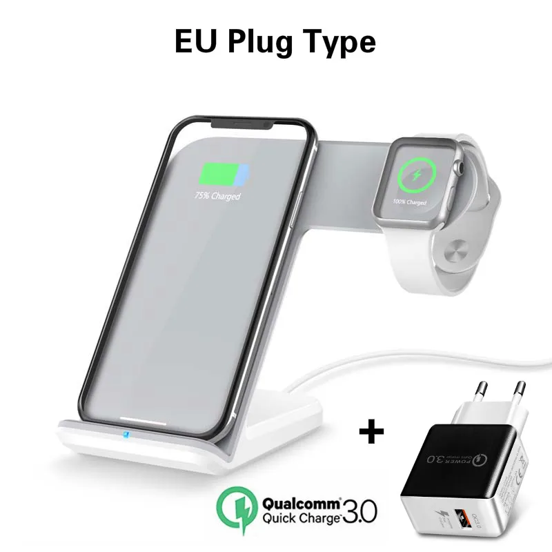 White EU Qi Беспроводное зарядное устройство, телефон, часы, быстрая зарядка, Мобильный держатель для Apple Watch 3 2 1 для iphone XS MAX XR X 8 Plus samsung S9 S8 - Цвет: White EU
