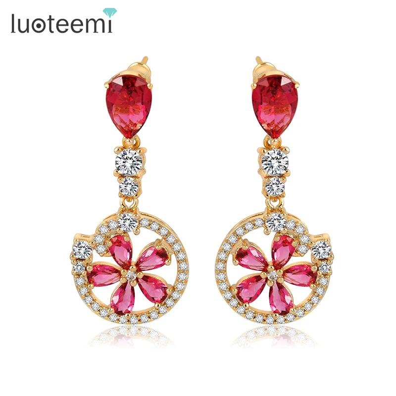 

LUOTEEMI Luxury Champagne Gold Color Red Cubic Zircon Blossom Drop Earrings for Women Lucky Flower Jewelry for Wedding Bridal