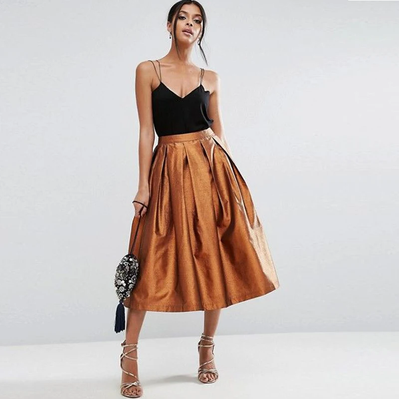Новинка 2017 Элегантная атласная юбка Высококачественная плиссированная Женская