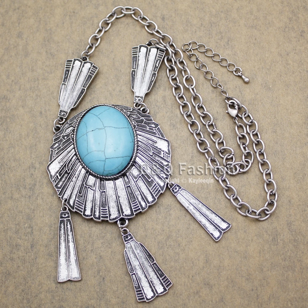 Vintage Silver Plated Dream Catcher Big Blue Stone Pendant Dome Chain Bib Necklace Turkey | Украшения и аксессуары