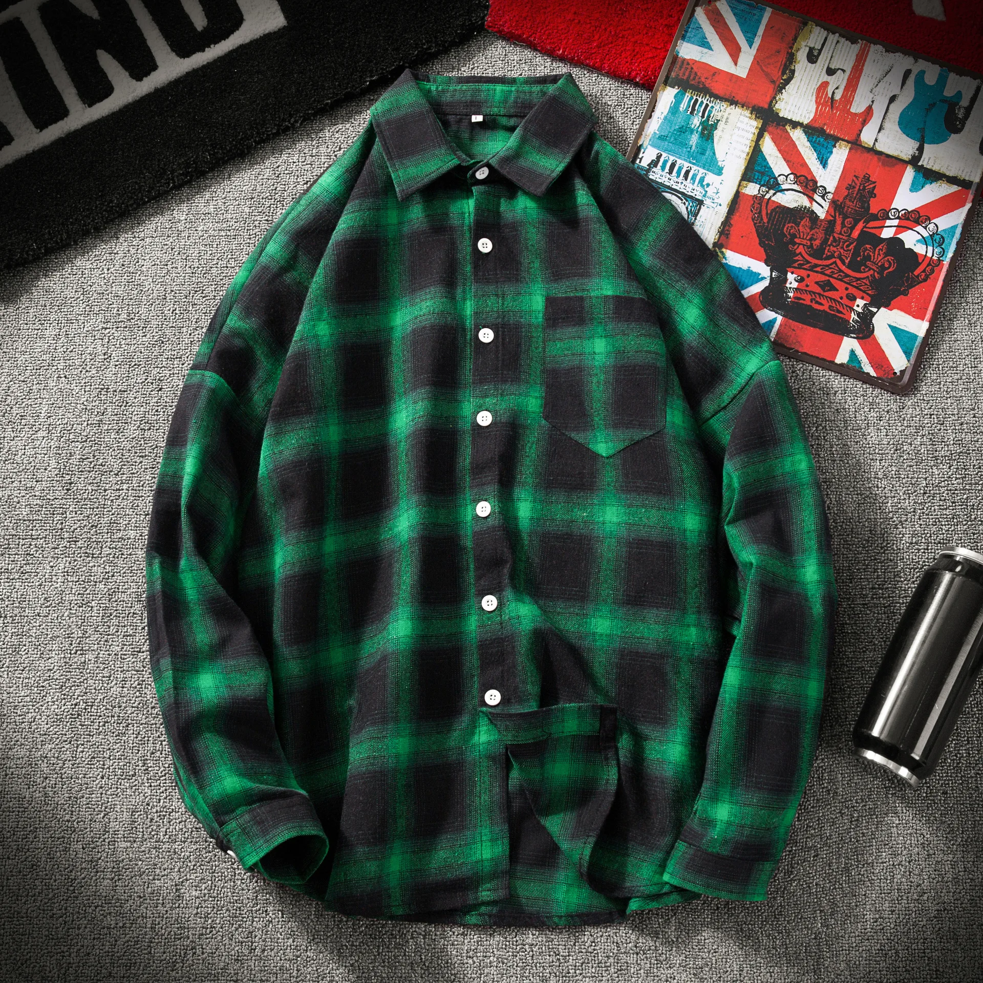 Men's Retro Tartan Shirts Harajuku Long Sleeve Plaid Shirt Red/black/green/blue Men Women Hip Hop Lattice Clothing M-5XL - Color: Green