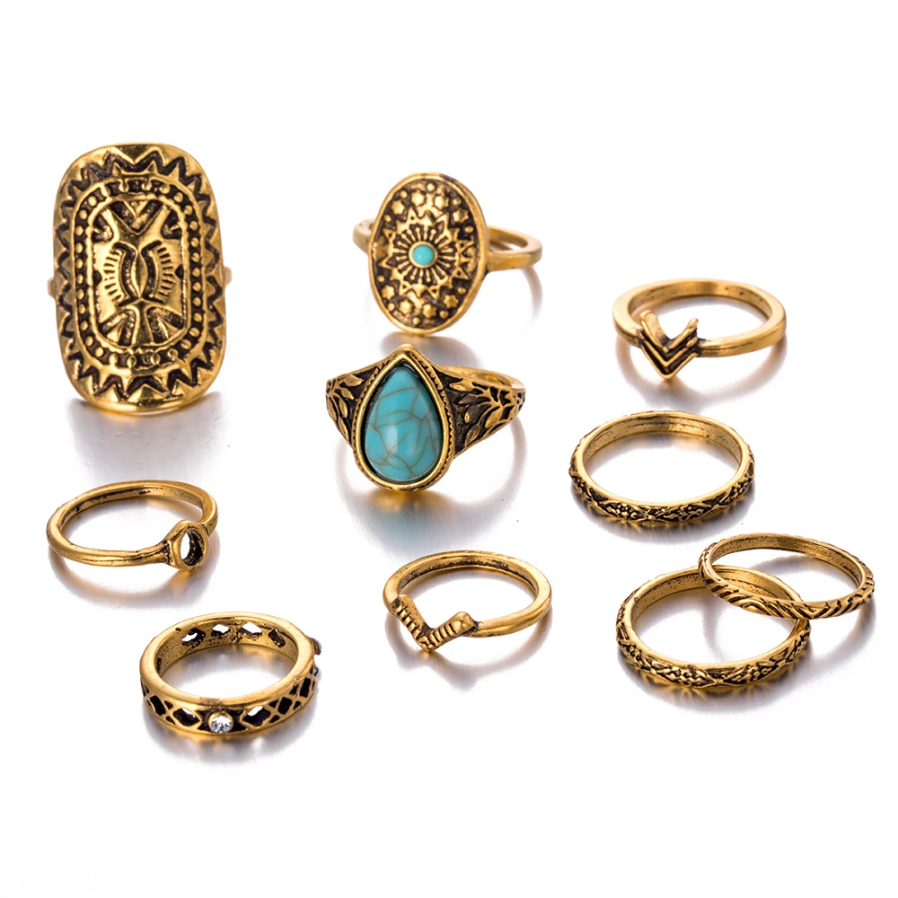 FAMSHIN 10 шт./компл. Ретро узор смешанные кольца на фаланги наборы 2018 Винтаж Единорог