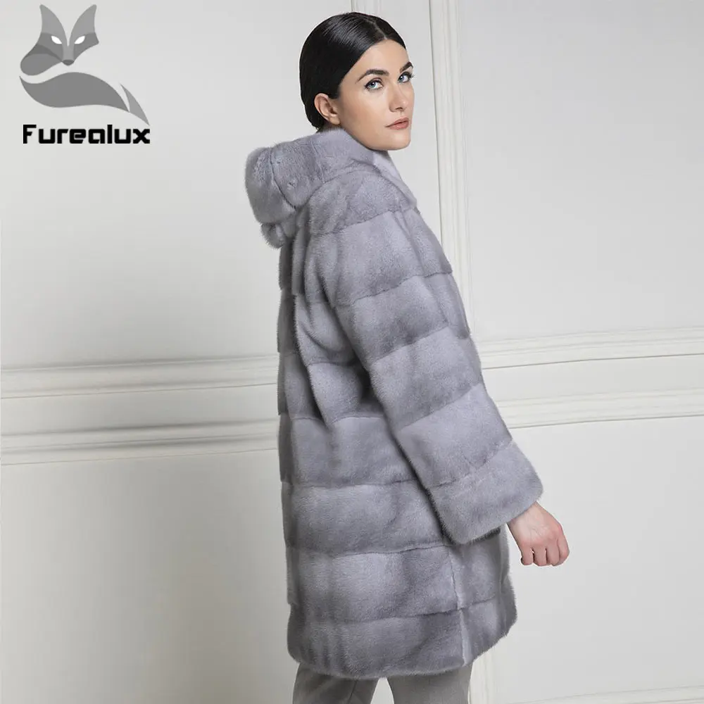 Женская Шуба из натурального меха Furealux длинная шуба норки с капюшоном Роскошная |