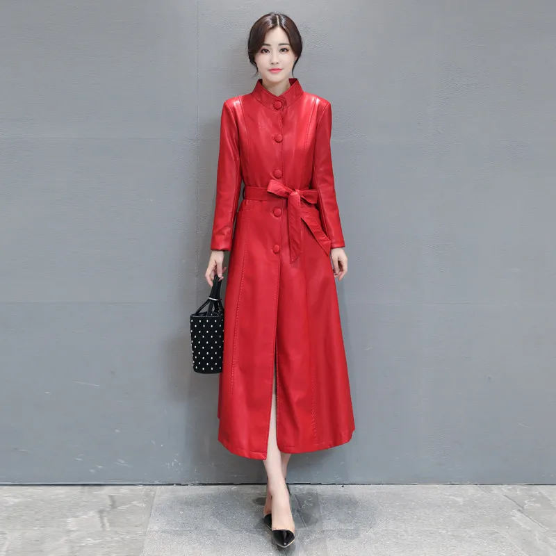 Женский однобортный Тренч из искусственной кожи ветровка с длинным рукавом и