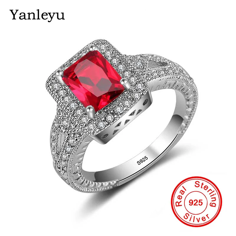 

Yanleyu Luxury 100% 925 Sterling Silver Rings for Women Wedding Engagement Accessories Red Cubic Zirconia Jewelry Gift PR222