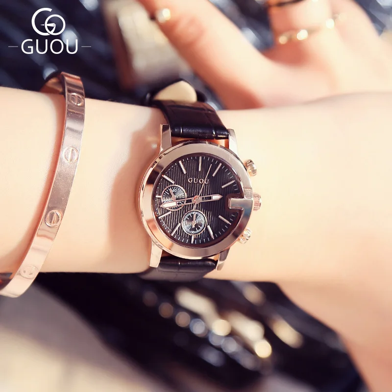 Новая мода GUOU золото известный бренд стиль первый слой кожаный ремешок кварцевые