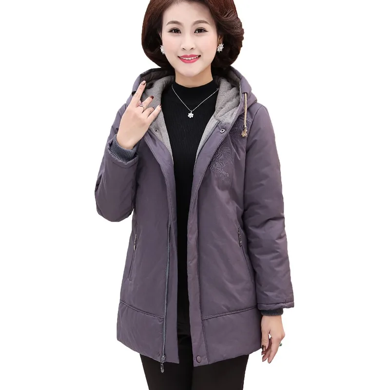 

Middle-aged new women winter plus velvet warm Down cotton clothing large size top coat hooded women Medium and long section coat