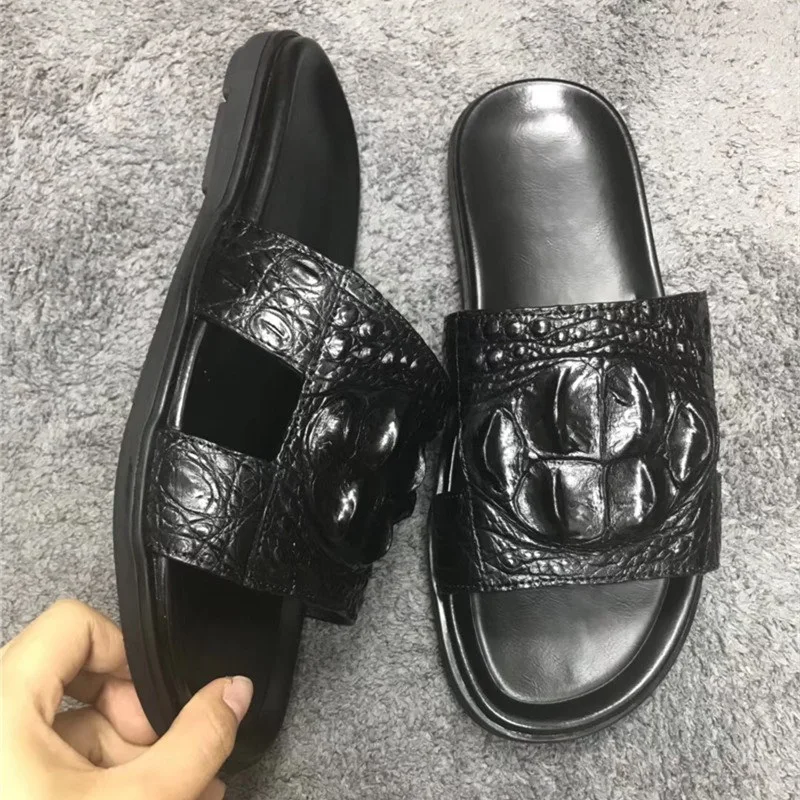 Шлепанцы мужские повседневные на плоской подошве натуральная крокодиловая кожа