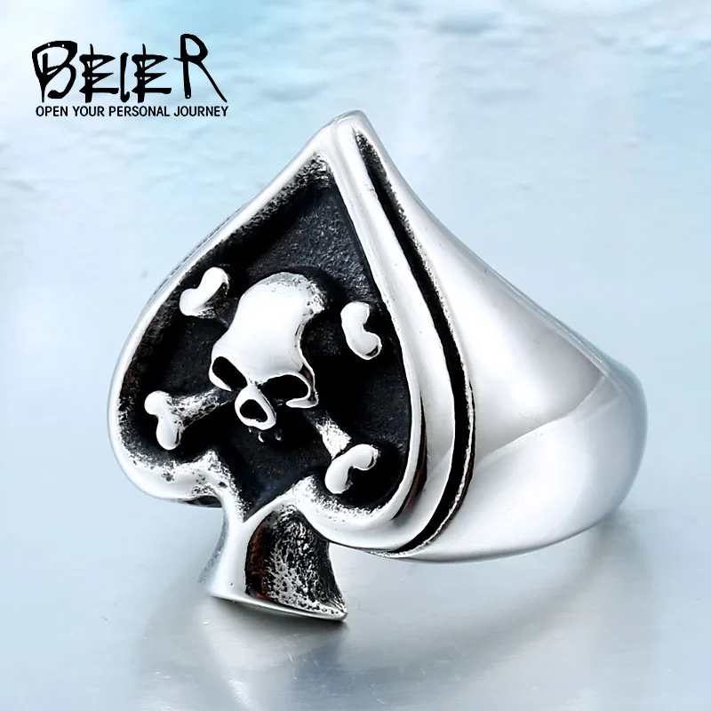 BR8-189 BEIER drop shipping skull bite rose poker design ring stainless steel Gothic personality men Punk rock jewelry Gift BR8-603 - Цвет основного камня: BR8-189