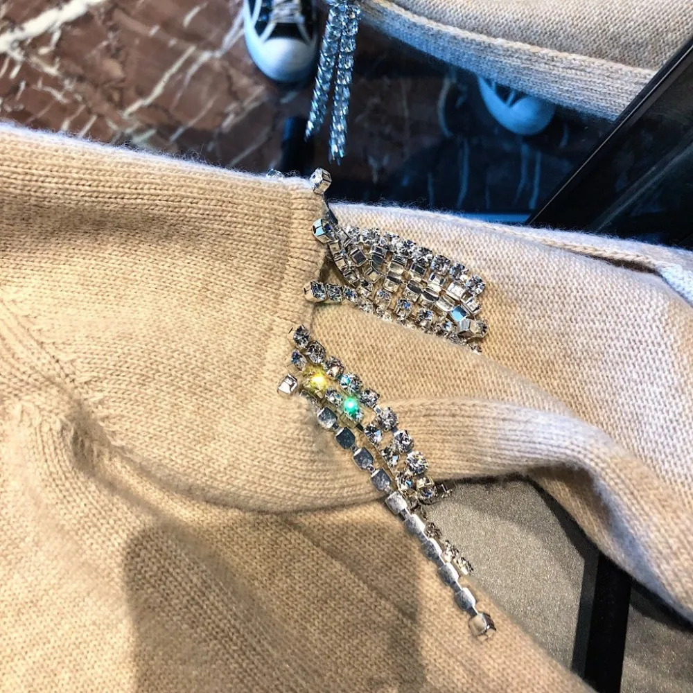 Cakucool Beading Chain Knit Tops Women Long Sleeve O-neck Sequined Slit Sweaters Shiny Jumpers Sweater Pullovers Female | Женская одежда