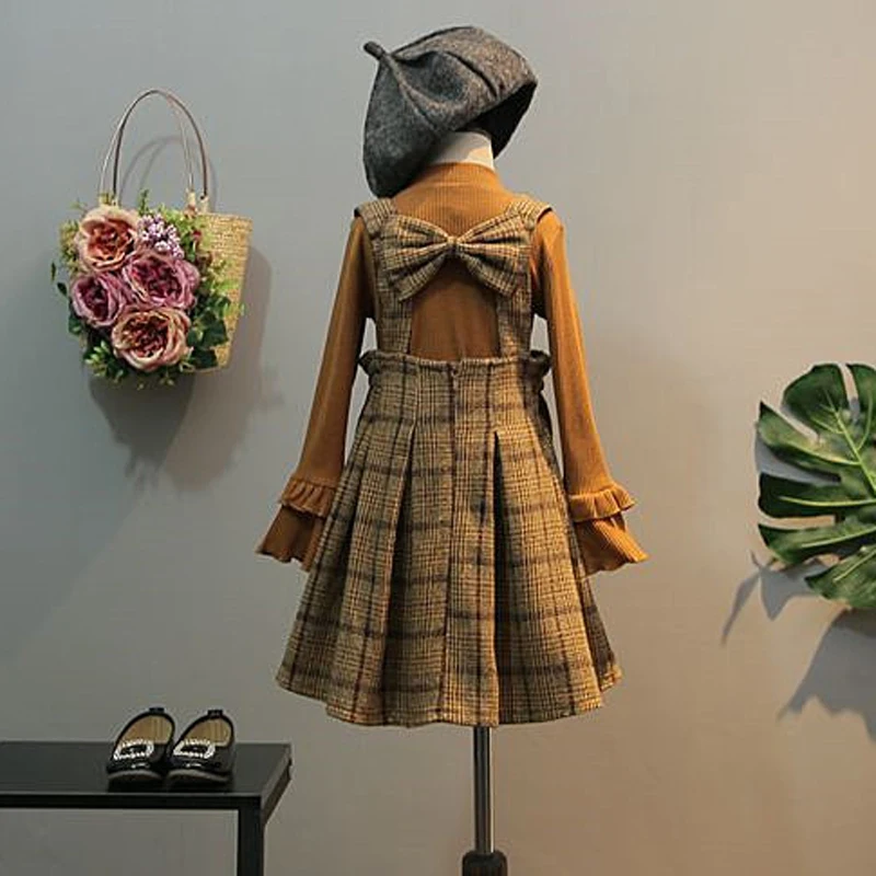 Hurave O-Neck ruffles Long Sleeve t-shirt + plaid suspenders bow Dress sets Children clothes Kids cotton Baby Girl suits 2pcs | Детская