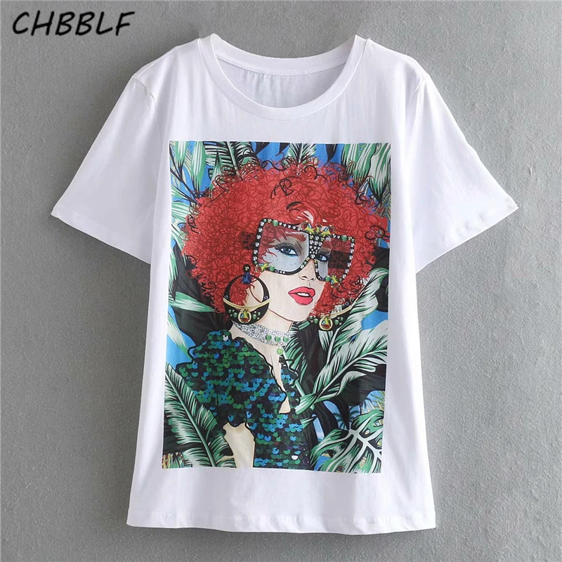 CHBBLF Женская Стильная белая футболка с коротким рукавом Мультяшные базовые