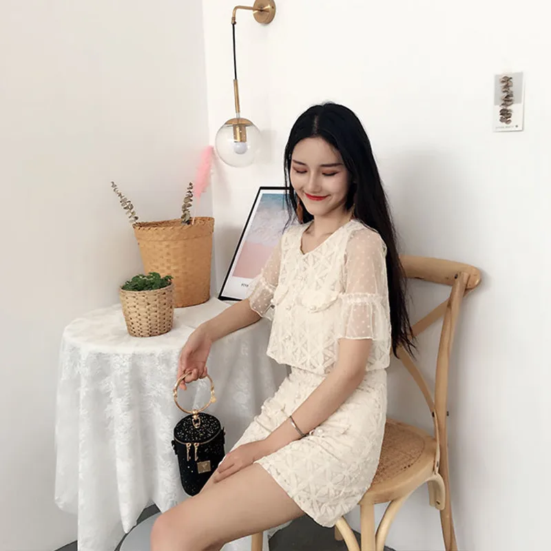 Летний модный комплект из 2 предметов Vestidos новинка 2019 Женская Милая Кружевная