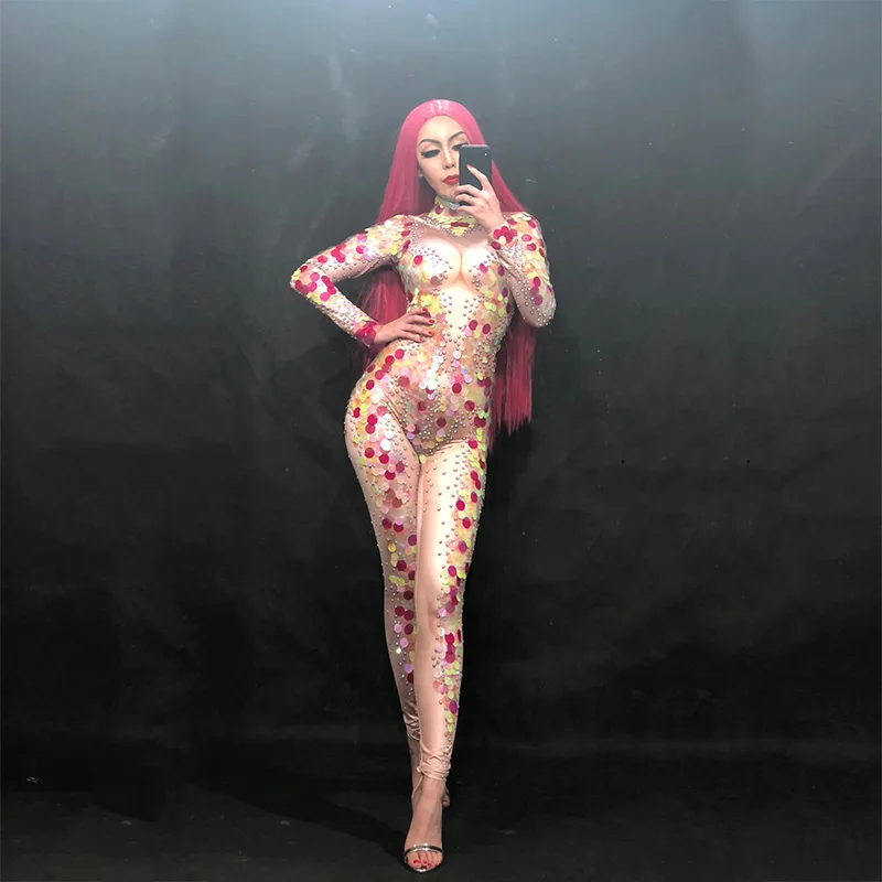 

Women Sexy Jumpsuit Full Of Sparkling Color Paillette Crystals Nightclub Birthday Party Celebrate Stage Wear Costume