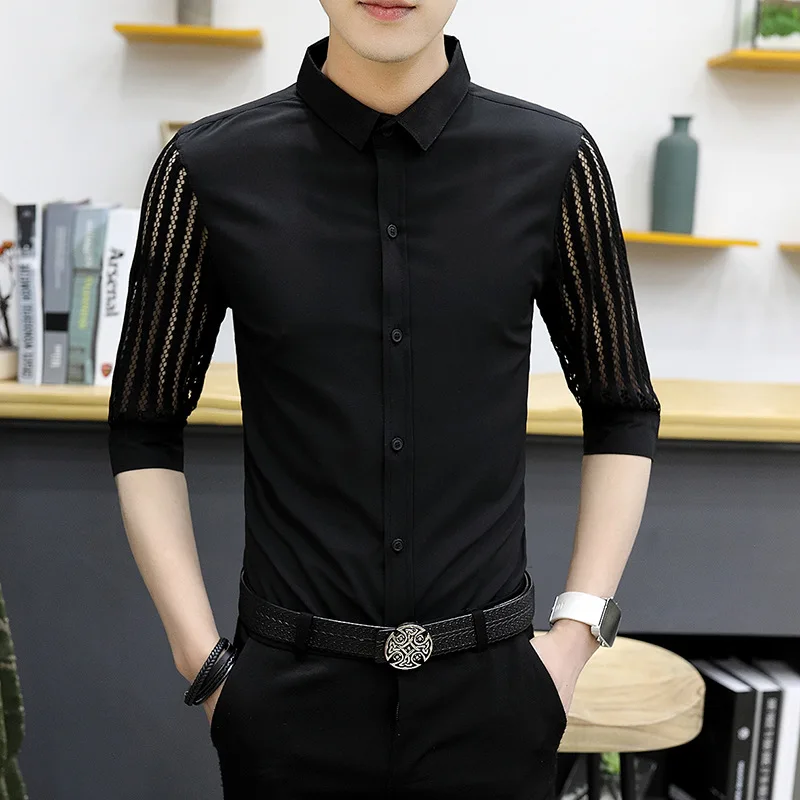 Новая модная летняя мужская рубашка облегающее сексуальное кружевное лоскутное