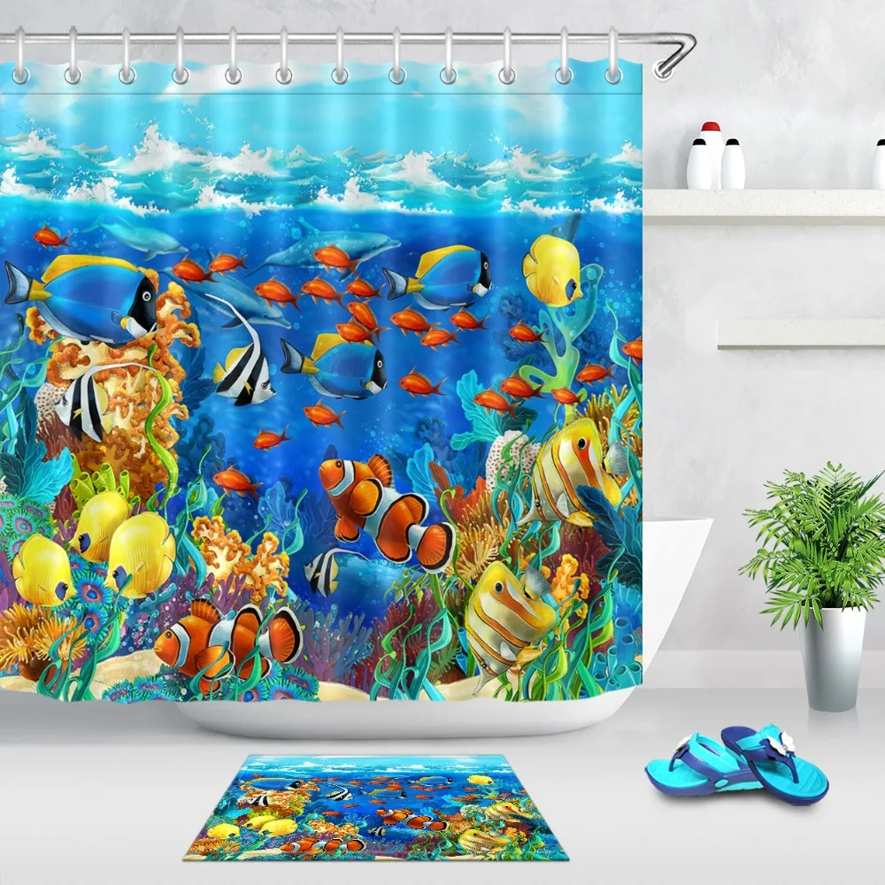 LB коралловый риф и рыба синяя занавеска для душа живописный с ковриком набор