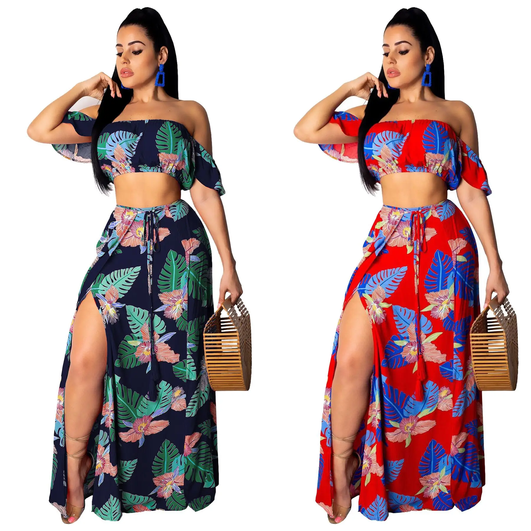 Sexy Ruffles Slash Neck Crop Top and Split Long Skirt Women 2 Two Piece Set 2019 Summer Floral Print Boho Beach Dress | Женская одежда