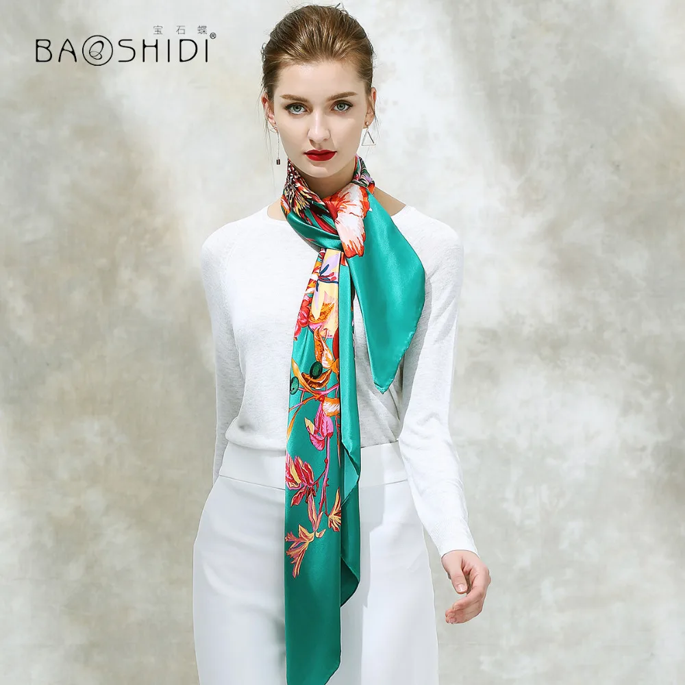 

[BAOSHIDI]2017 Autumn New Arrival, 16m/m 100% silk satin scarf,106*106 Square Scarves women,Floral pattern design infinity shawl