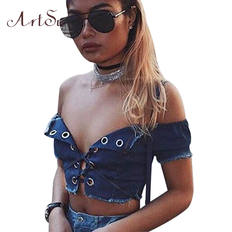 Женский джинсовый топ ArtSu укороченный с вырезом лодочкой летние топы-бюстье