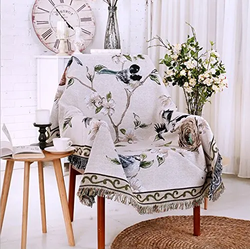 

Double Sided Cotton Throw Blankets with Tassels Flower/Bird Beige for Couch Home Decoration American Village Style 130x160cm