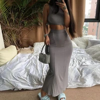 xllais cotton holiday party dresses two piece set women bandage tank tops slim elegant ruched skirts matching outfit gray robe