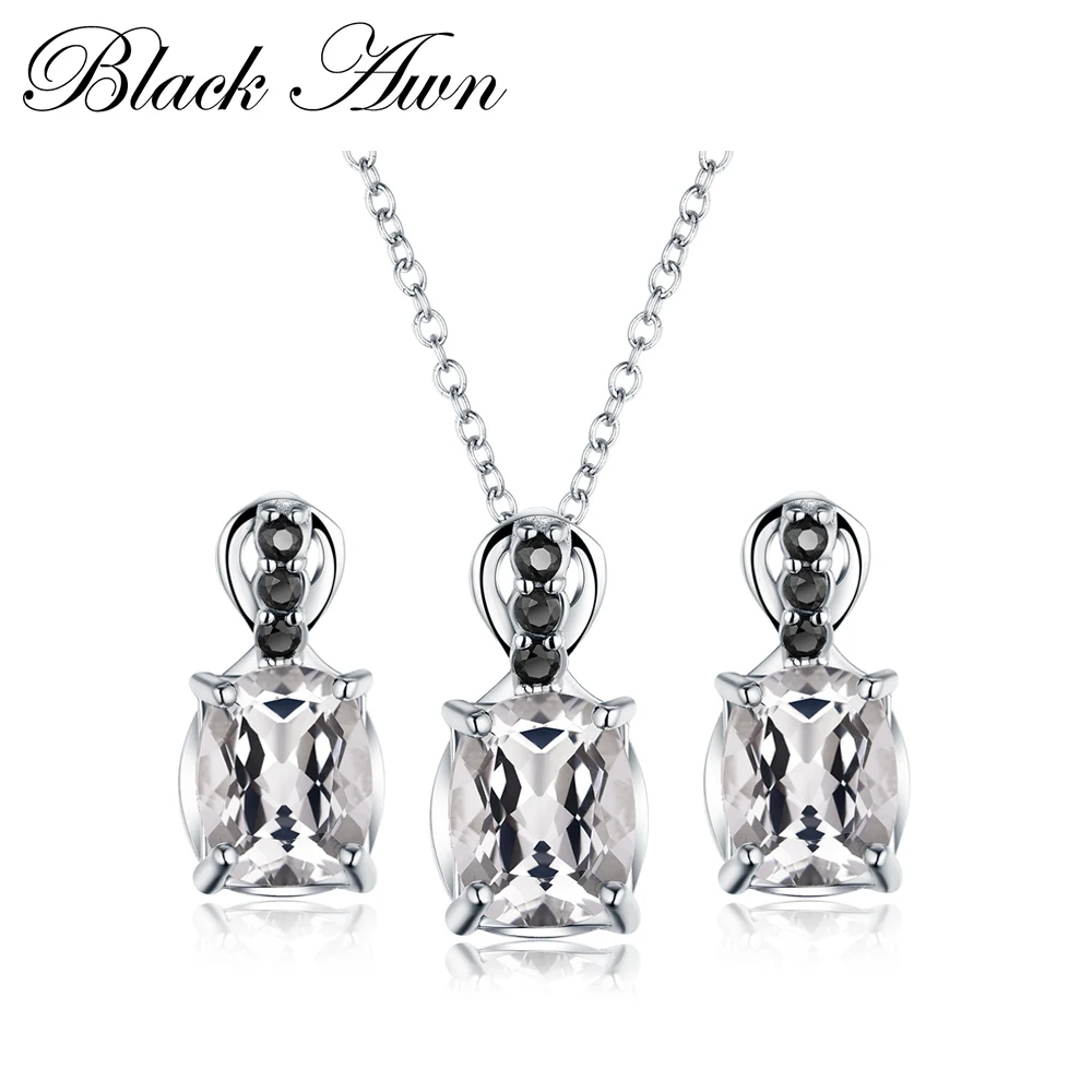 

[BLACK AWN] 925 Sterling Silver Fine Jewelry Sets Trendy Engagement Wedding Necklace+Earring for Women PT160