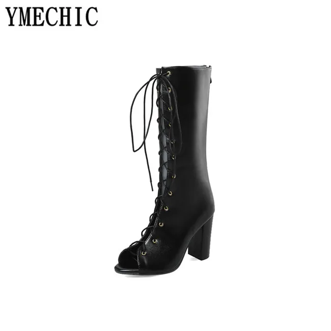 YMECHIC/ г.; летние сапоги-гладиаторы на высоком каблуке; женские сандалии; Цвет черный, красный; босоножки на высоком каблуке с открытым носком и перекрестной шнуровкой; женская обувь; большой размер 45