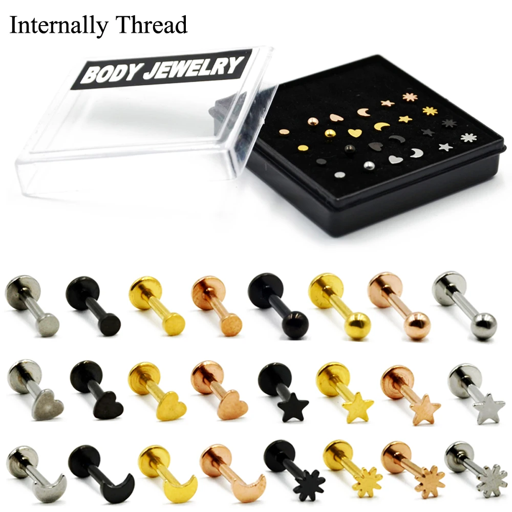 

24Pcs Internally Thread Round Ball, Star, Moon, Heart Labret Lip Piercing Ear Tragus Stud Ring Monroe Body Jewelry Retainer 16g