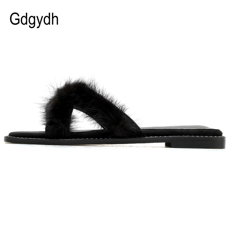 Gdgydh Real Fur Flat Slippers Women Summer Shoes Outside Slipper Lady Casual Beach Shoes Streetwear Black Apricot Slip On Cheap