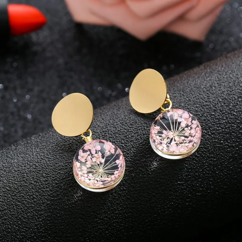 Новые модные серьги с сушеным цветком для женщин круглые прозрачные стеклянные