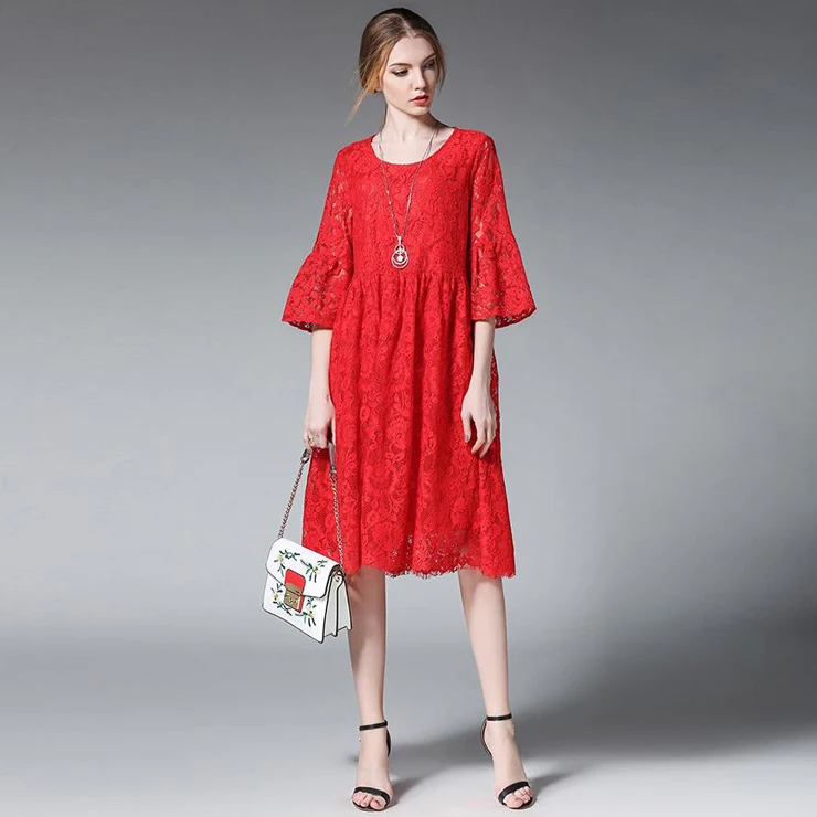 Big Size Fashion Lace Dress Summer Hollow Out Half Sleeve Loose Women Dress 4XL Plus Size Women Clothing Black Red Vestidos