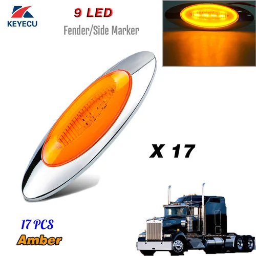 17 PCS Keyecu 6-5/" Янтарный 9 led Овальный боковой габаритный светильник, сигнальный светильник поворота, панель кабины, габаритный светильник GLO, боковой светильник для Peterbilt 12V - Испускаемый цвет: 17 PCS