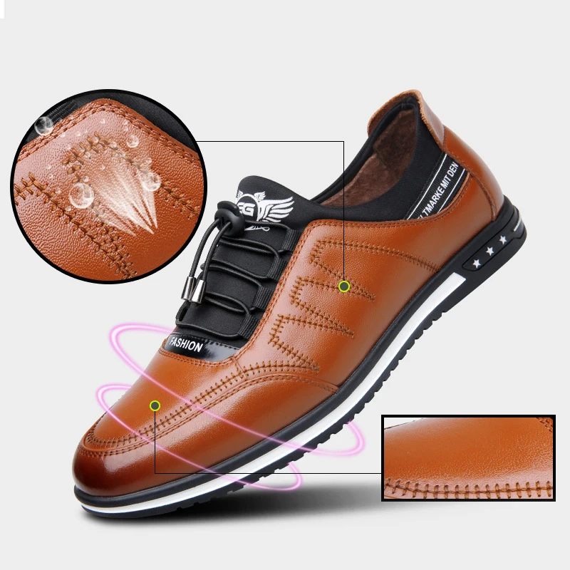 Sneakers men lace-up comfortable genuine leather shoes flat with outdoor walking footwears casual | Обувь