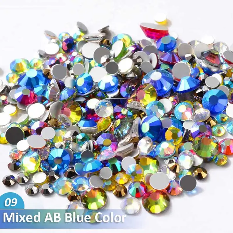 09 Mixed AB Blue Col Разноцветные хрустальные стразы для дизайна ногтей разных размеров, не исправляемые стеклянные камни с плоской задней стороной, 3d блестящие украшения, драгоценные камни для рукоделия ногтей - Цвет: 09 Mixed AB Blue Col