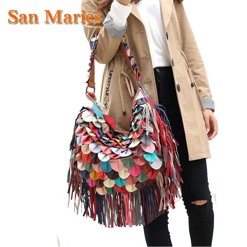 

San Maries Studding! 100% Genuine Leather Tassel Bags Vintage Hobos Women Shoulder Bag Fringe Patchwork Handbags