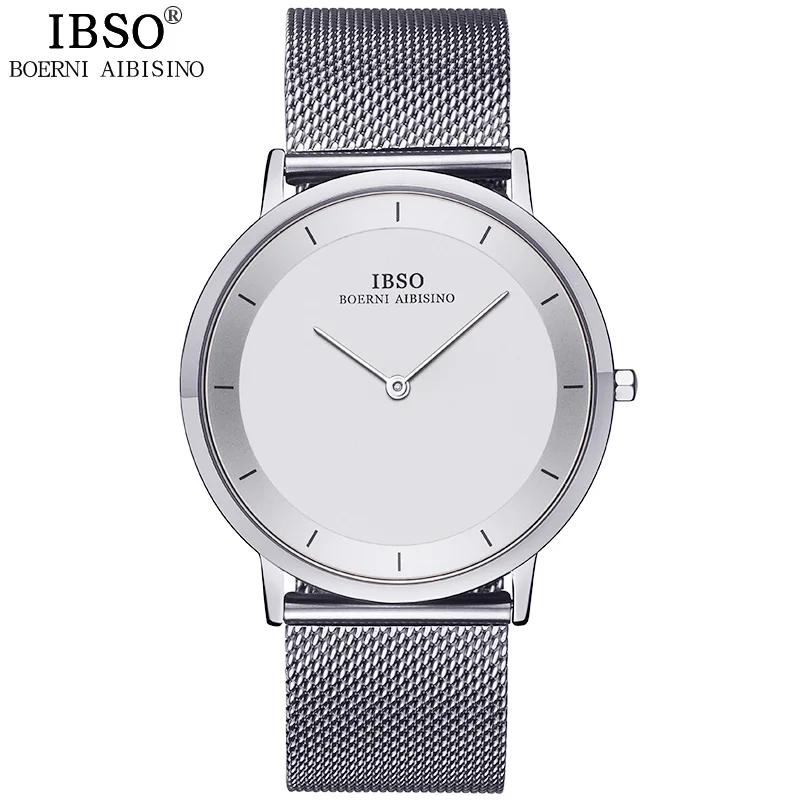 White silver IBSO бренд 7 мм ультратонкий кварцевые наручные часы Нержавеющая Сталь сетка ремень Для Мужские часы лучший бренд класса люкс Мода Relogio masculin часы мужчин черные водонепроницаемые - Цвет: White silver