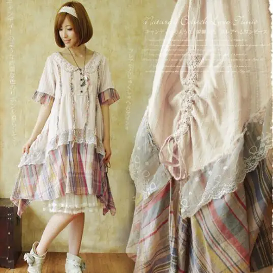 Фото Summer Mori Girl Lace Plaid Lolita Dress Women Sweet Sashes Ruffle Peter Pan Collar knitted Vestidos AF717 Женская одежда Summer Mori Girl Lace Plaid Lolita Dress Women Sweet Sashes Ruffle Peter Pan Collar knitted Vestidos AF717 Женская одежда