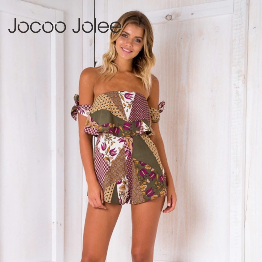 Jocoo Jolee Sexy Off Shoulder Jumpsuit Floral Print Ruffles Bow Overalls Rompers Boho Beach Wearing Casual Playsuits 2018 Summer | Женская