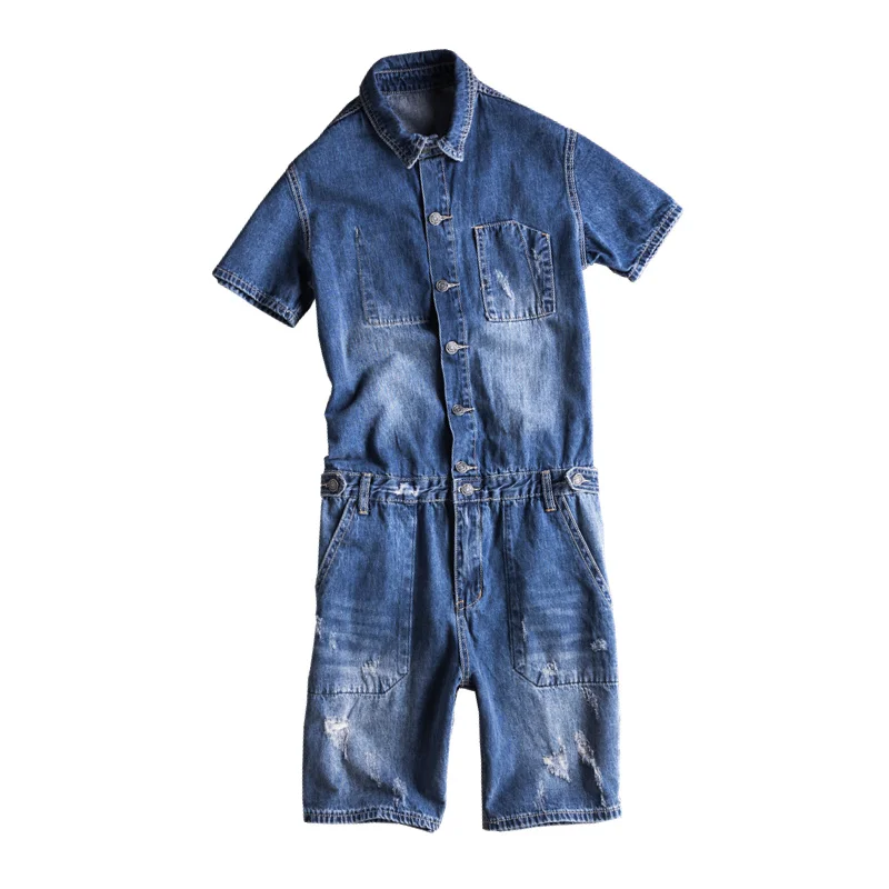 

Summer New Japanese Denim Shorts Youthful Handsome Mens Overalls Wash Tooling Jumpsuit Couple Bib