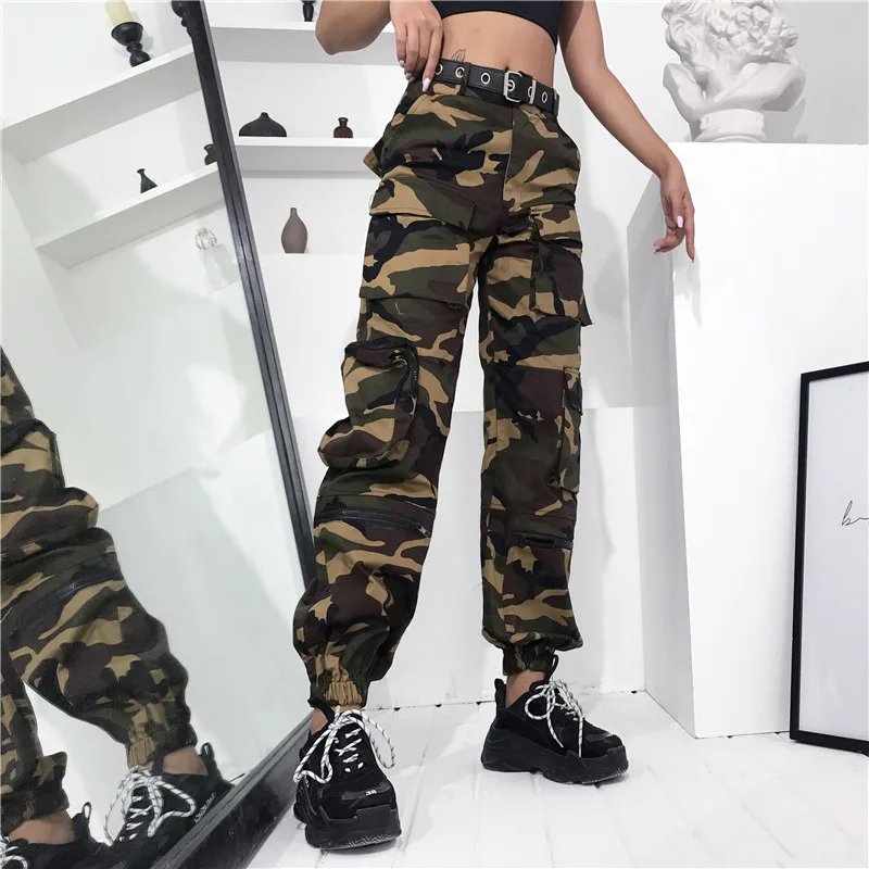 HEYounGIRL/Харадзюку, Военные зеленые камуфляжные штаны, повседневные брюки-карго с высокой талией, женские камуфляжные брюки с карманами, уличная одежда