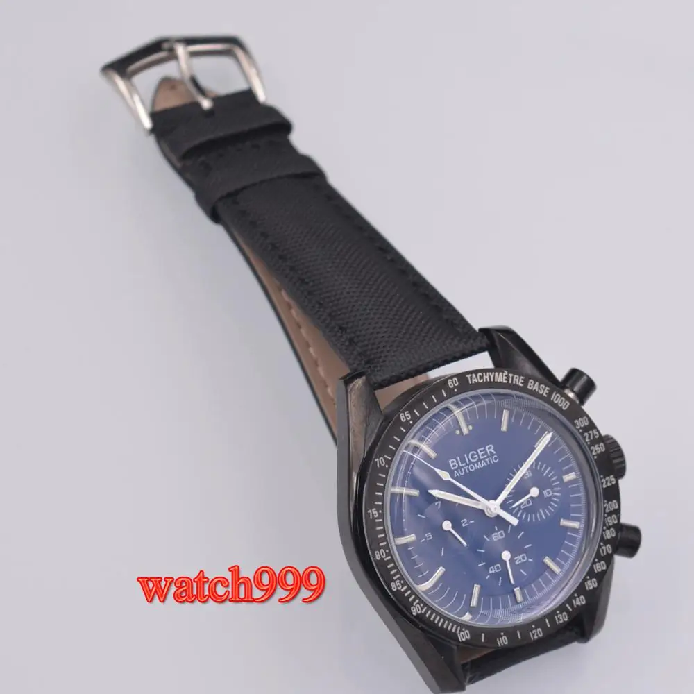 40mm Bliger Blue Dial Black Leather Strap 316L Plastic Case Date Mechanical Automatic Men's Watch | Наручные часы