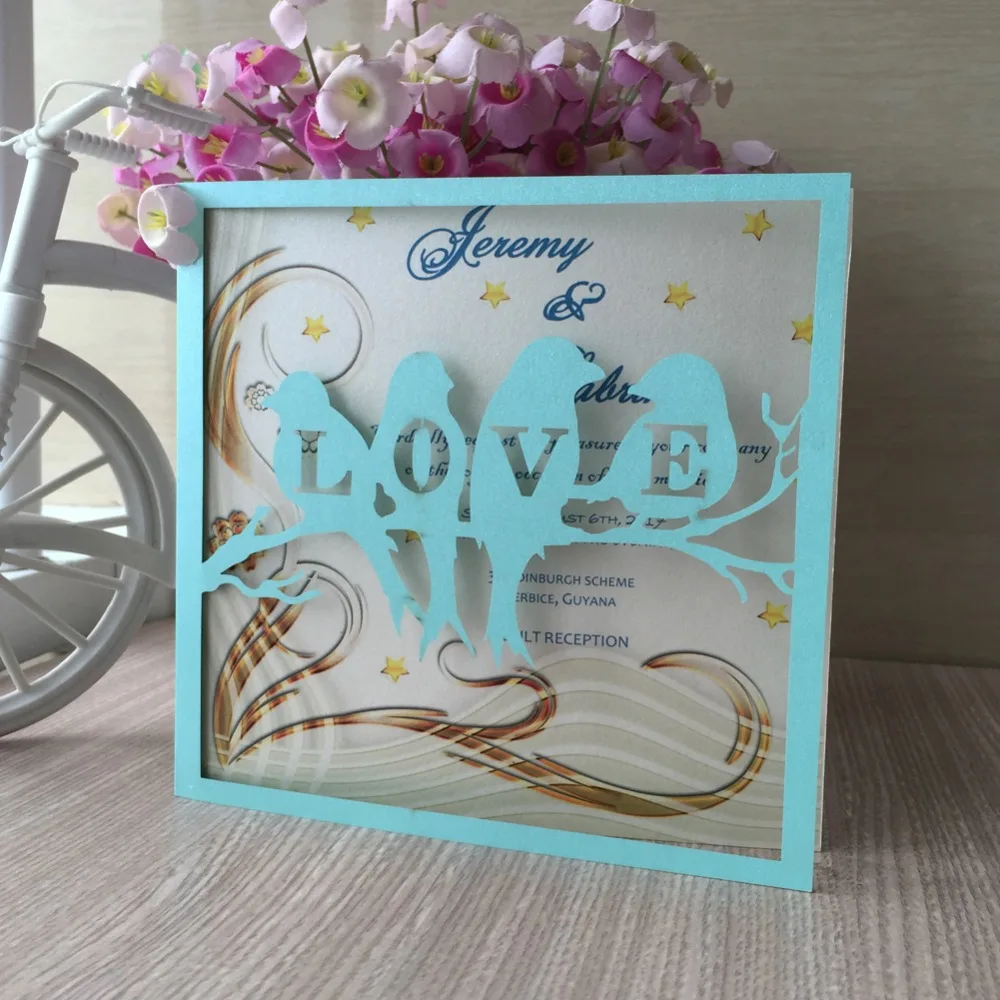 100 шт. Мерцающая бумажная открытка с лазерной резкой птица любовью для вечеринки