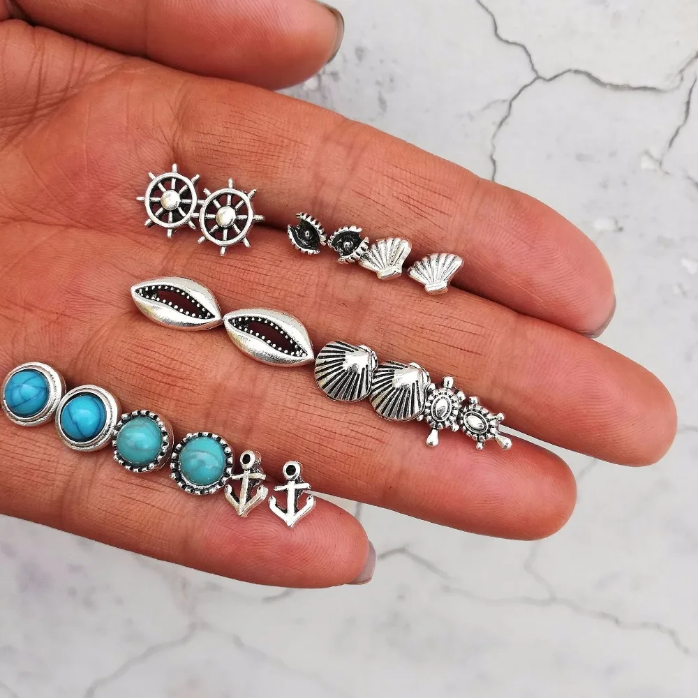 9 пар/компл. берег Boho праздник панцирь черепахи якорь маленькие серьги гвоздики